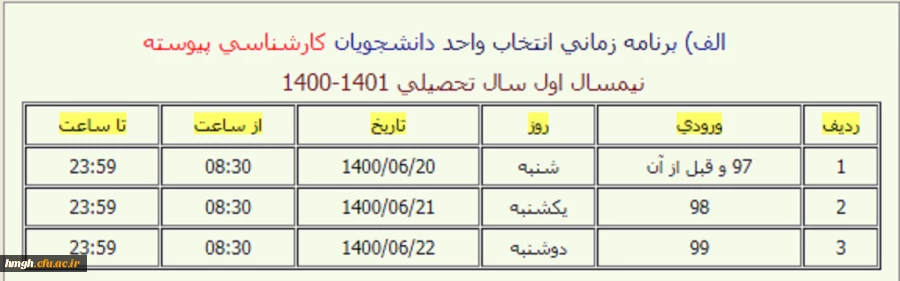 زمان بندی انتخاب  واحد دانشجویان کارشناسی نیمسال اول سال تحصیلی 1401-1400 2