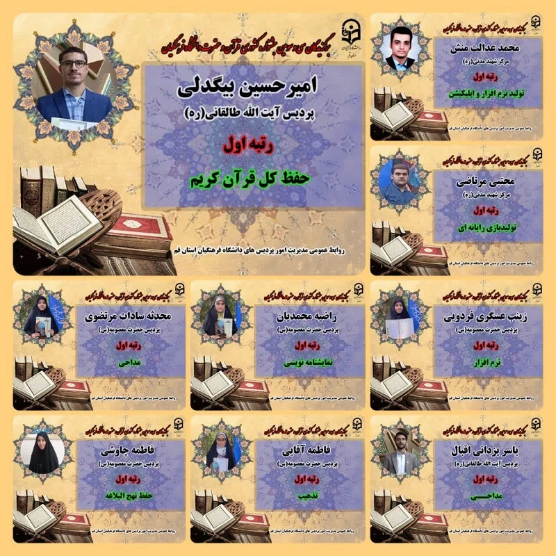 افتخاری دیگر از دانشجو معلمان دانشگاه فرهنگیان استان قم:
 
درخشش در سی و سومین دوره جشنواره قرآن و عترت دانشگاه فرهنگیان سراسر کشور  2