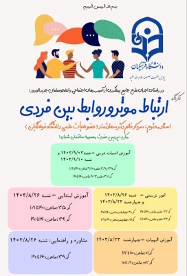 برگزاری سلسله کارگاه های طرح جامع پیشگیری از آسیبهای اجتماعی: 

کارگاه «ارتباط مؤثر و روابط بین فردی» 2